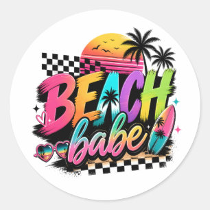 Sticker Rond Citation Rétro Plage Babe Vibes Tropicales Colorée
