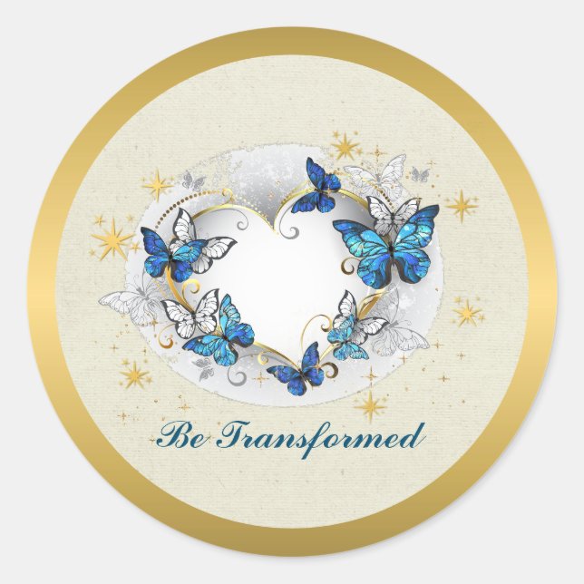 Sticker Rond Citation Transformée Cœur et Papillons Bleus (Devant)