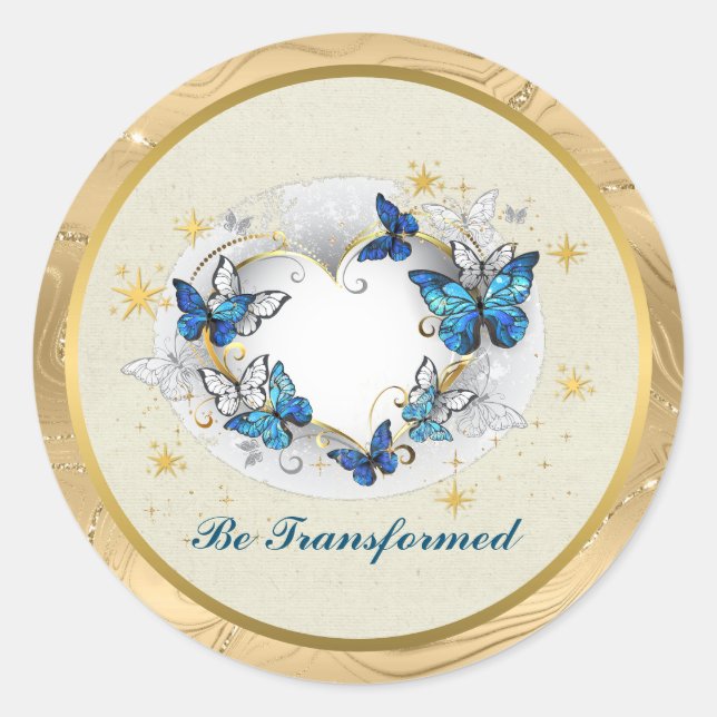 Sticker Rond Citation Transformée Cœur et Papillons Bleus (Devant)
