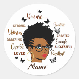 Sticker Rond Citations Fille Afro Femme Noire Personnalisées