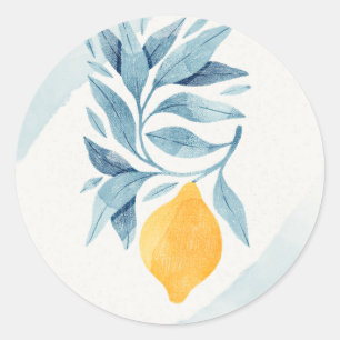 Sticker Rond Citron avec illustration botanique feuille bleue