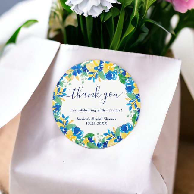 Sticker Rond Citron jaune bleu floral aquarelle douche de marié (Blue yellow lemons floral watercolor bridal shower classic round sticker)