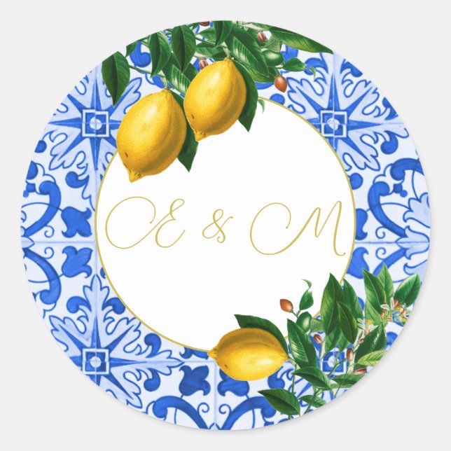 Sticker Rond Citron Mariage Carrelage bleu Monogramme été (Devant)