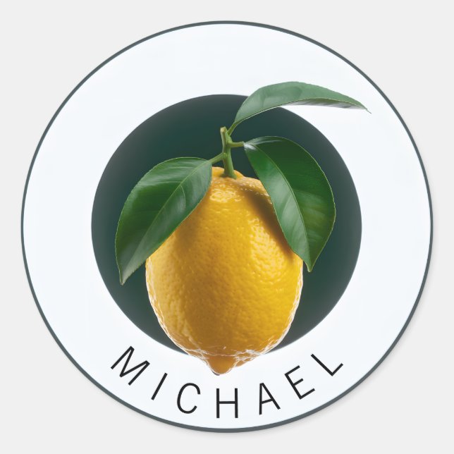 Sticker Rond Citron moderne avec nom personnalisé (Devant)
