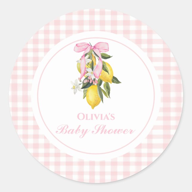Sticker Rond Citron Pink Bow preppy baby shower Coquette (Devant)