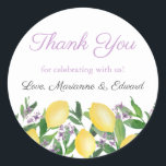 Sticker Rond Citrons Aquarelle Avec Wedding shower Lavande<br><div class="desc">Des citrons d'aquarelle et des feuilles verts brillants se combinent pour ces nouveaux cadeaux de mariage grâce à des autocollants.</div>
