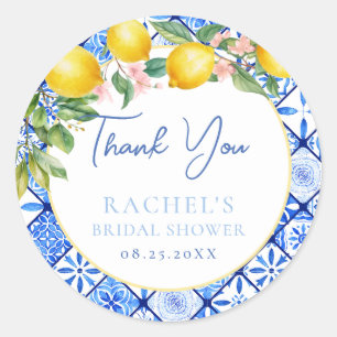 Sticker Rond Citrons Carreaux Bleus Italiens Remerciements de M