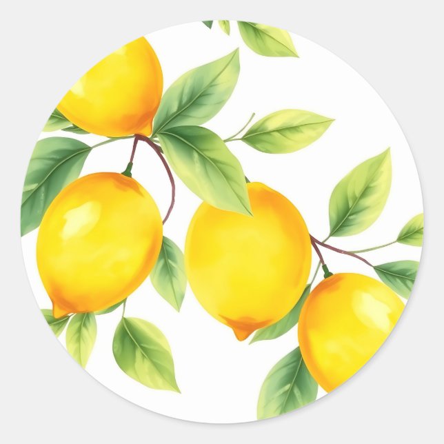 Sticker Rond Citrons d'aquarelle avec Feuilles verts (Devant)