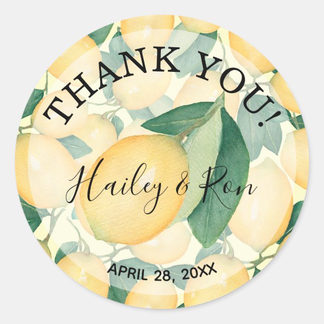 Sticker Rond Citrons d'aquarelle rustique MERCI vert (Devant)