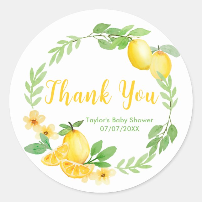 Sticker Rond Citrons et Baby shower verdoyant Merci (Devant)