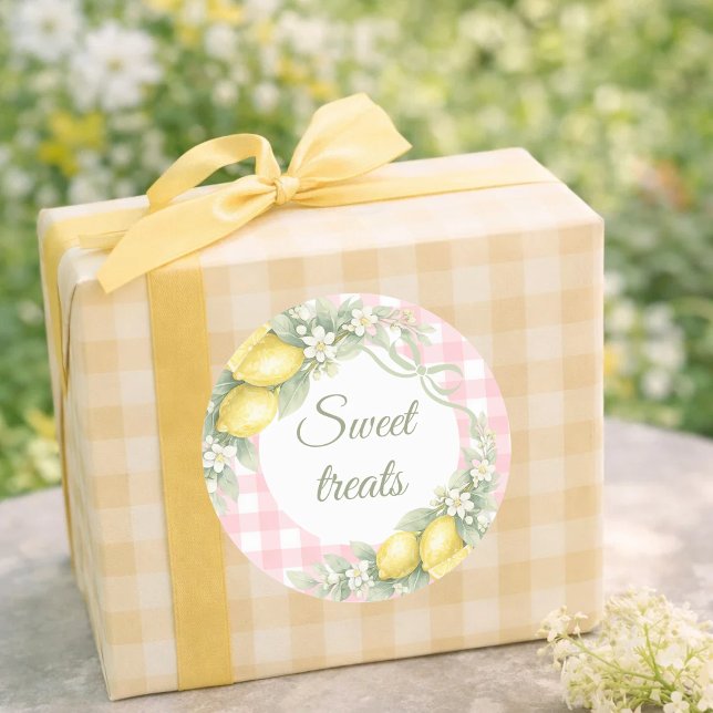 Sticker Rond Citrons gingham rose friandises cadeau de fête (Créateur téléchargé)
