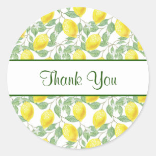 Sticker Rond Citrons jaunes avec Merci Motif Feuille vert