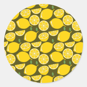 Sticker Rond Citrons jaunes et motif vert olive : Citrus modern