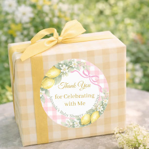 Sticker Rond Citrons rose fille vichy Remerciement Baby Shower