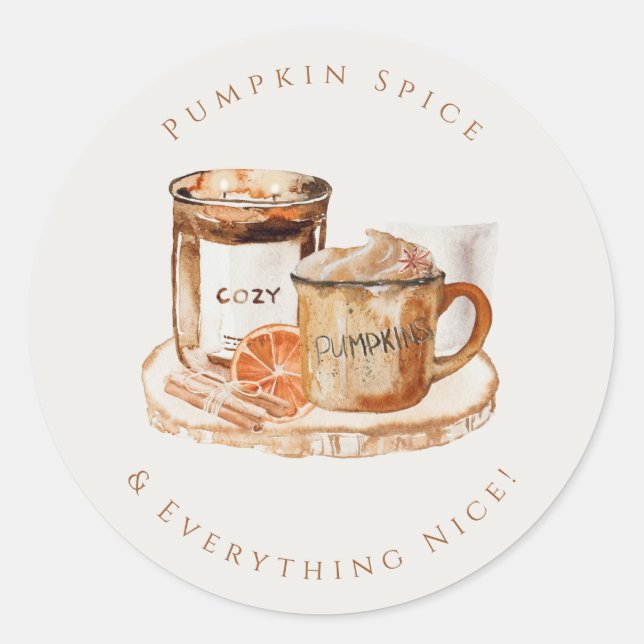Sticker Rond Citrouille aquarelle Latte et bougie Thanksgiving (Devant)