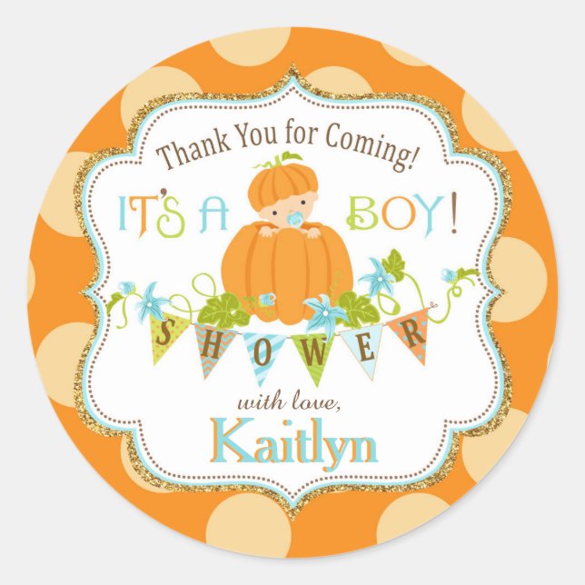 Sticker Rond Citrouille Automne Boy Parties scintillant or Baby (Devant)