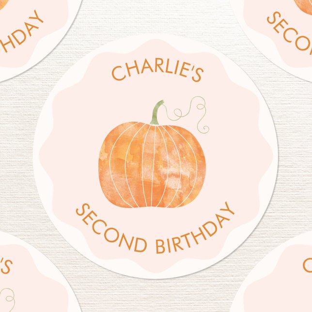 Sticker Rond Citrouille Automne Personnalisé Deuxième 2e annive (Second 2nd birthday pumpkin personalized sticker with custom text)