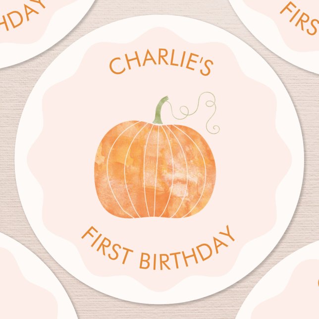 Sticker Rond Citrouille Automne Personnalisé Premier 1er annive (Cute watercolor pumpkin autumn fall personalized first birthday stickers)