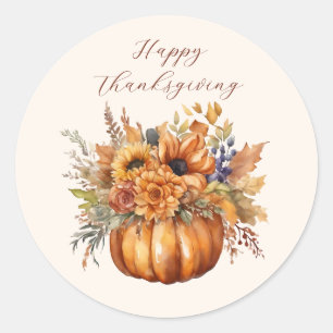 Sticker Rond Citrouille avec Bon thanksgiving à fleurs
