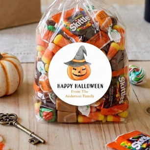 Sticker Rond Citrouille avec chapeau de sorcière Halloween