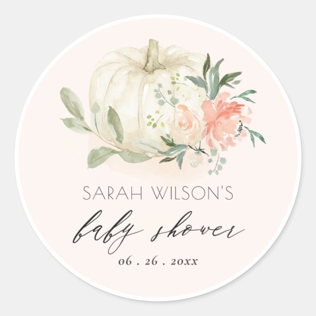 Sticker Rond Citrouille blanc Blush Floral Baby Brunch Douche (Devant)