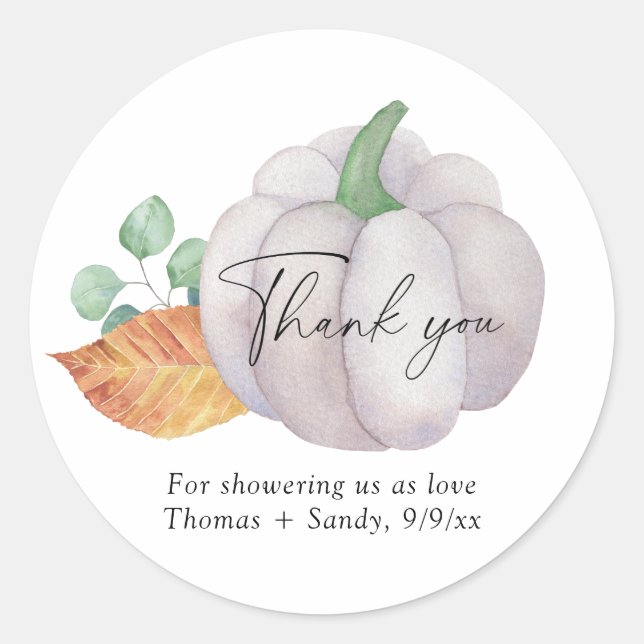 Sticker Rond Citrouille blanc verdoyant - Baby shower Merci (Devant)