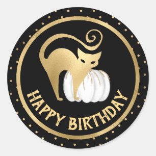 Sticker Rond Citrouille blanche et chat doré pois anniversaire