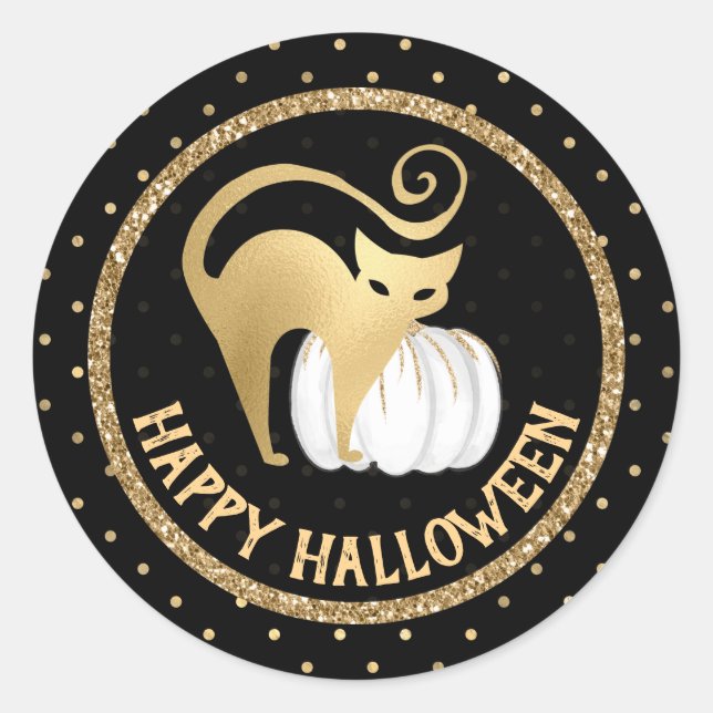 Sticker Rond Citrouille blanche et chat doré pois Halloween (Devant)
