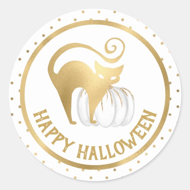 Sticker Rond Citrouille blanche et chat doré pois Halloween (Devant)