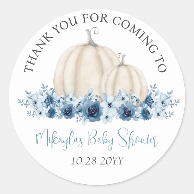 Sticker Rond Citrouille Bleu Chute Baby shower Merci Favoriser (Devant)