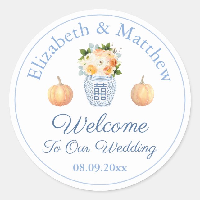 Sticker Rond Citrouille Bleu Et Blanc Chinoiserie Mariage Bienv (Devant)
