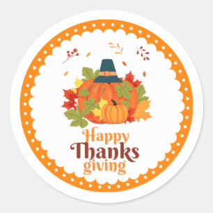 Sticker Rond Citrouille bon thanksgiving avec Casquette et Feui