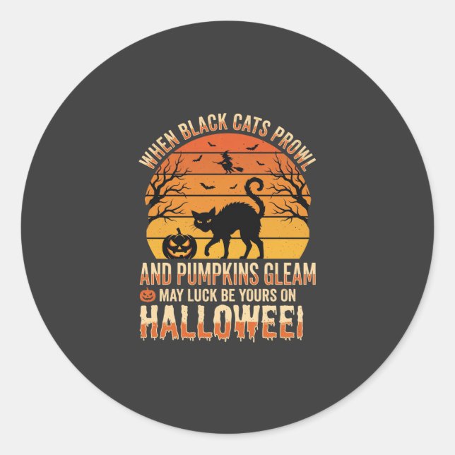 Sticker Rond Citrouille Chat Noir Halloween Dessin Vectoriel (Devant)
