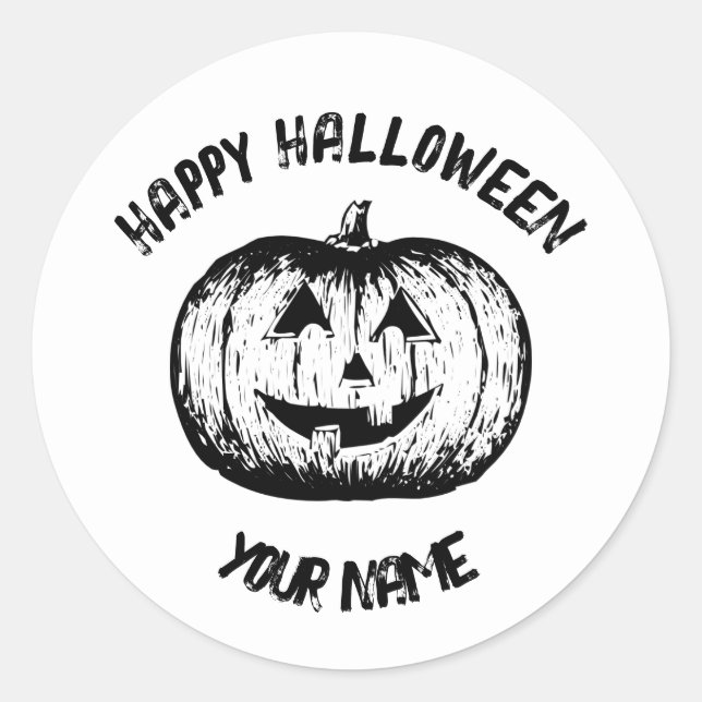 Sticker Rond Citrouille classique noir blanc souriant Jack-o-la (Devant)