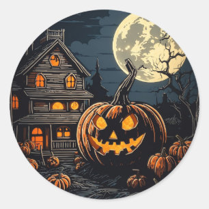Sticker Rond citrouille dans le village d'Halloween