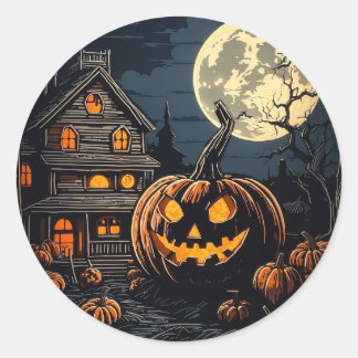 Sticker Rond citrouille dans le village d'Halloween