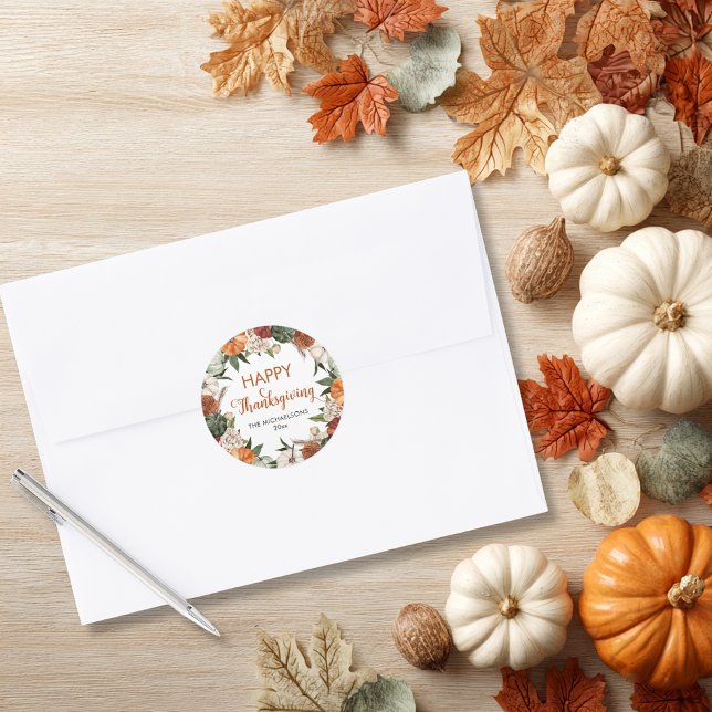 Sticker Rond Citrouille de Bon thanksgiving rustique (Rustic Happy Thanksgiving Pumpkin Classic Round Sticker)