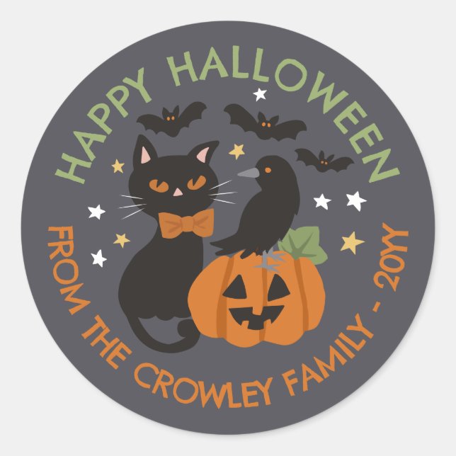 Sticker Rond Citrouille de chat gris Raven Happy Halloween (Devant)