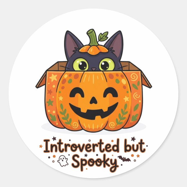 Sticker Rond Citrouille de chat noir drôle introverti mais effr (Devant)