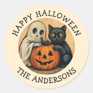 Sticker Rond Citrouille de chat noir Vintage Halloween personna