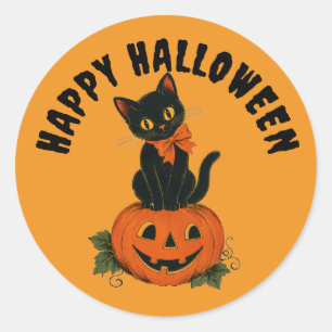 Sticker Rond Citrouille de chat noir vintage Joyeux Halloween