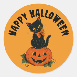 Sticker Rond Citrouille de chat noir vintage Joyeux Halloween