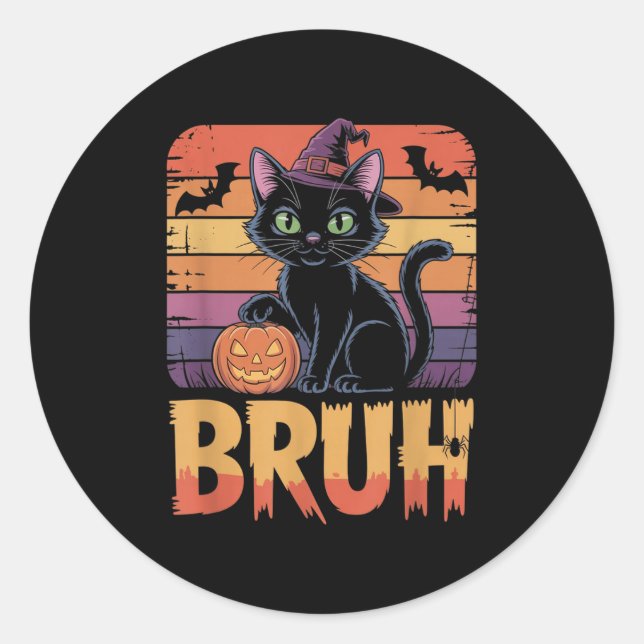 Sticker Rond Citrouille de chatte de sorcière Bruh Halloween ch (Devant)