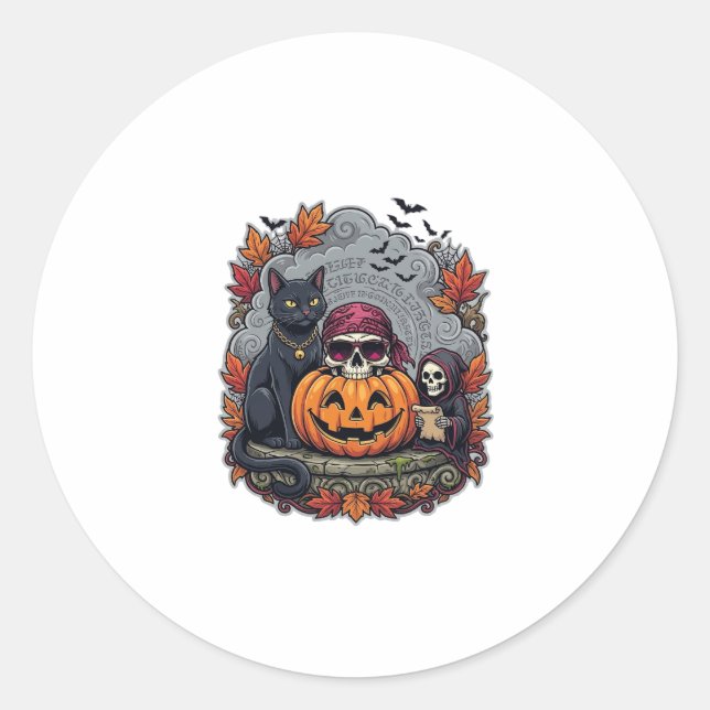 Sticker Rond Citrouille de Halloween Chat Crâne Faucheuse Autom (Devant)