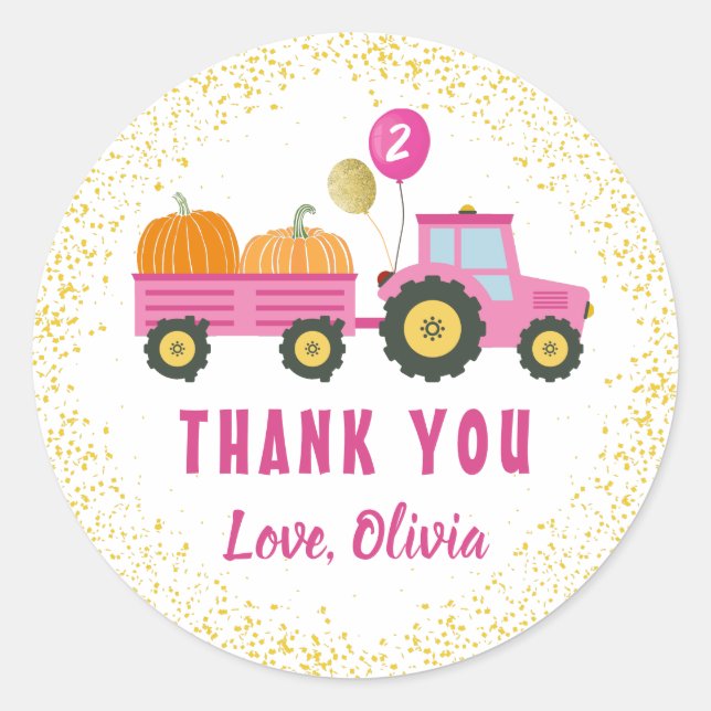 Sticker Rond Citrouille de tracteur rose Automne Anniversaire M (Devant)