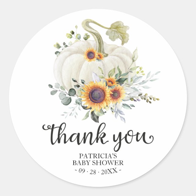 Sticker Rond Citrouille de verdure Automne Baby shower Merci Fa (Devant)