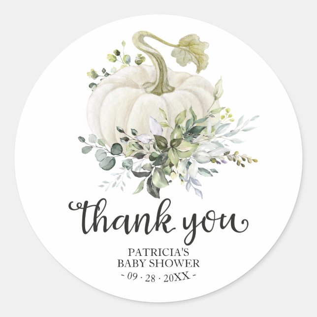Sticker Rond Citrouille de verdure Automne Baby shower Merci Fa (Devant)
