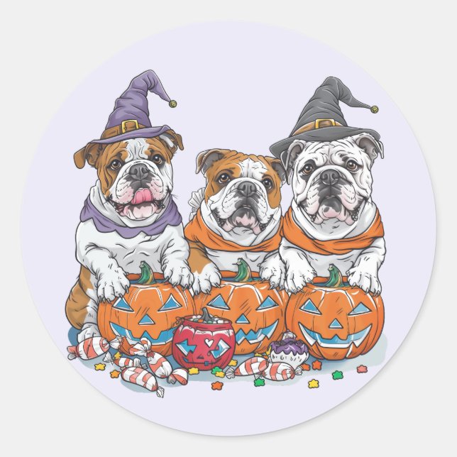 Sticker Rond Citrouille des Bulldogs anglais d'Halloween (Devant)