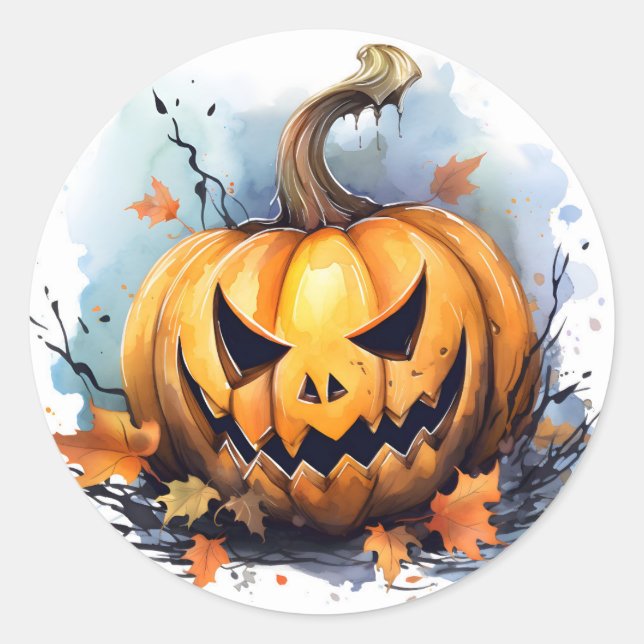 Sticker Rond Citrouille d'Halloween à l'aquarelle (Devant)