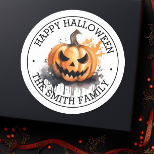 Sticker Rond Citrouille d'Halloween aquarelle effrayante Joyeux